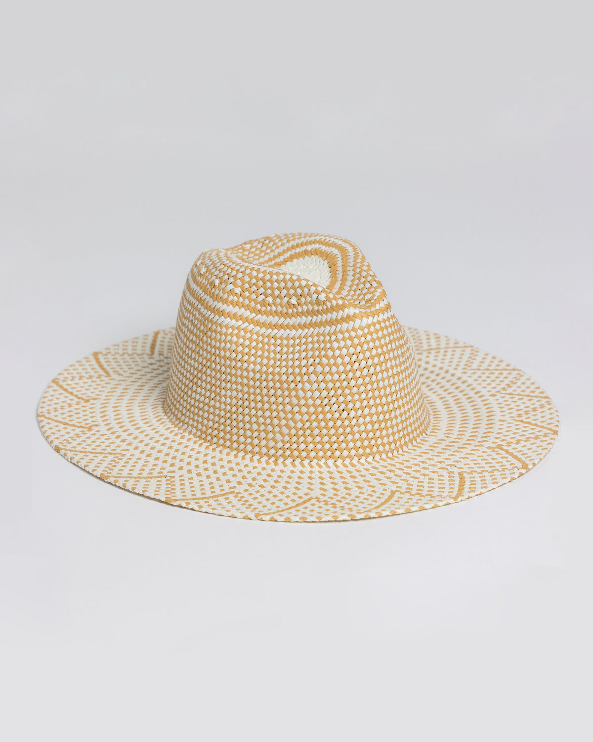 3/4 angle of Ivory and Tan Woven Sun Hat