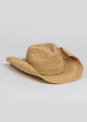 3/4 angle of raffia straw cowboy hat with metallic gold wrap detail