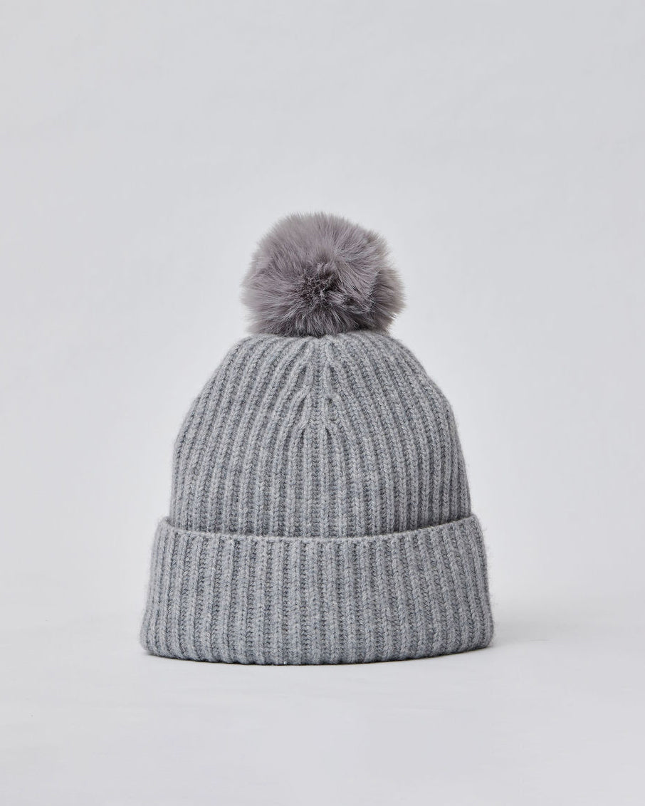Cashmere Rib Beanie With Pom