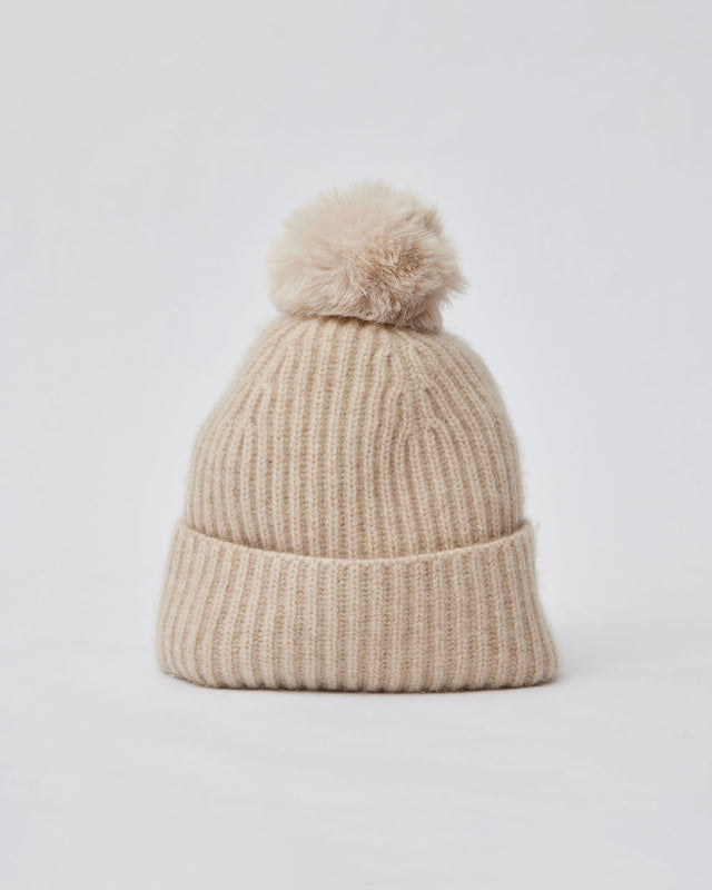 Cashmere Rib Beanie With Pom