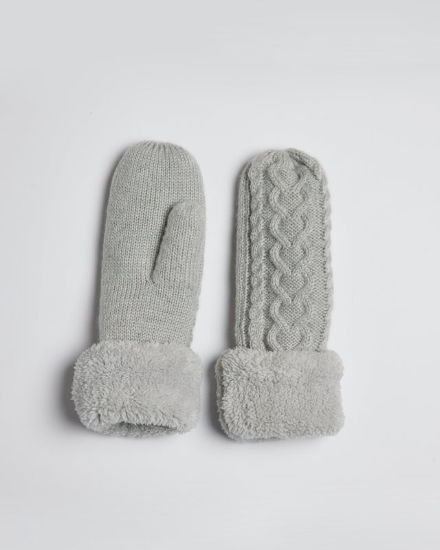 Light grey cable knit mitten with faux fur lining