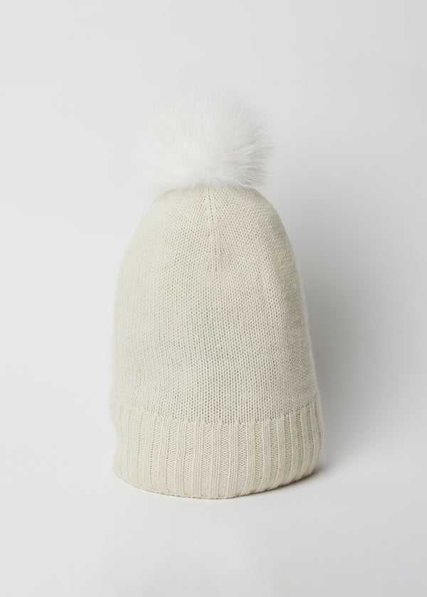 Ivory cashmere slouchy beanie with fur pom
