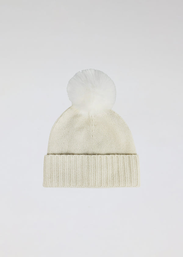 Ivory cashmere cuffed beanie with faux fur pom