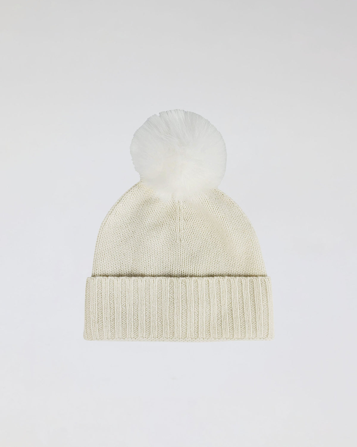 Ivory cashmere slouchy cuffed beanie with faux fur pom