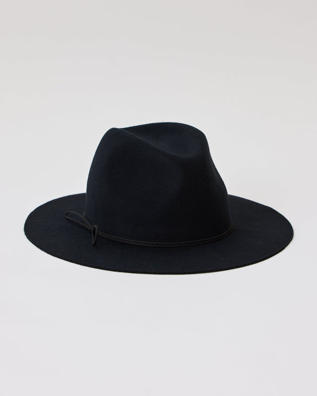 Black wool felt brimmed hat with black tie detail