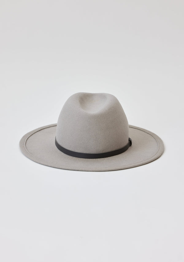 Back of light grey wool felt brimmed hat and charcoal leather trim