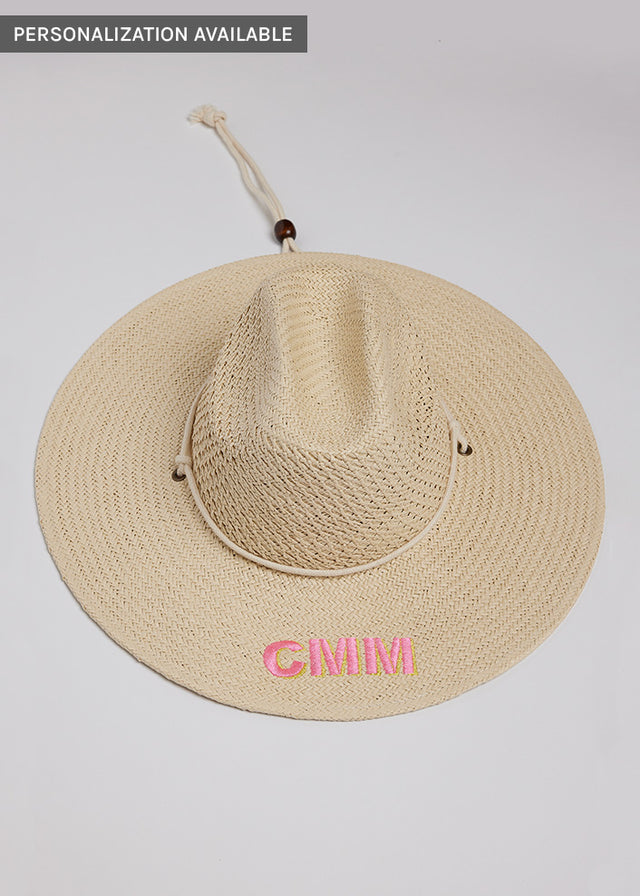 Surfer style sun hat with embroidered letters and chinstrap