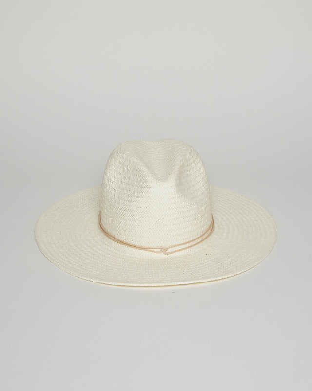 Front of white sun hat with tan tie detail