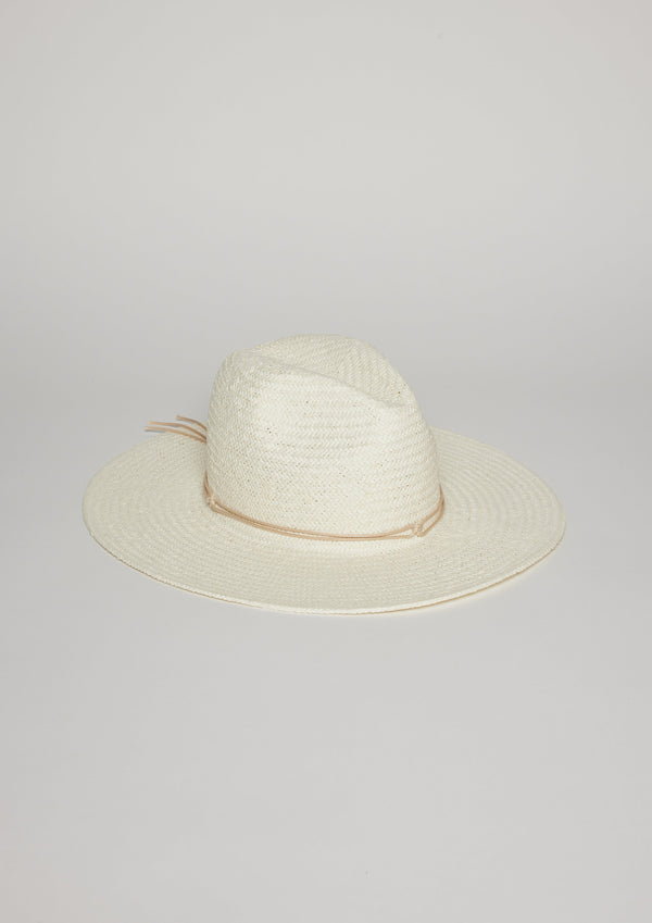 White brimmed sun hat with tan tie detail at crown