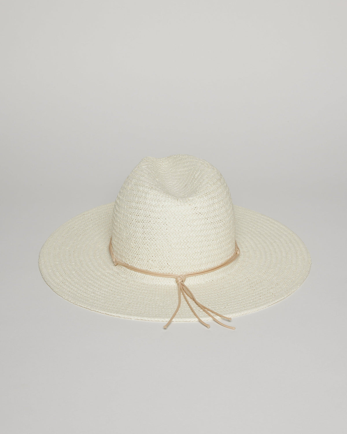 Back of white sun hat with tan tie detail