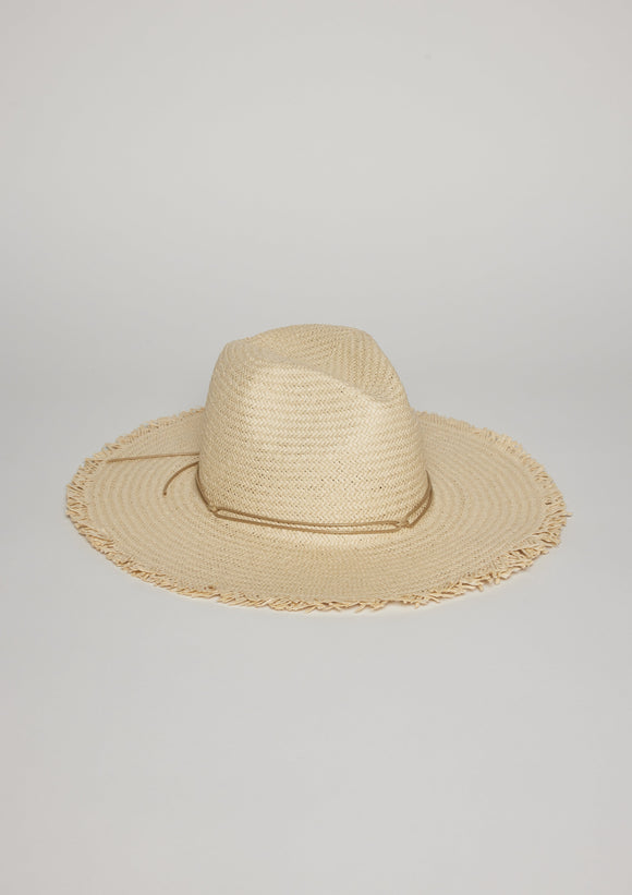 Straw hat with fringe detail and trim