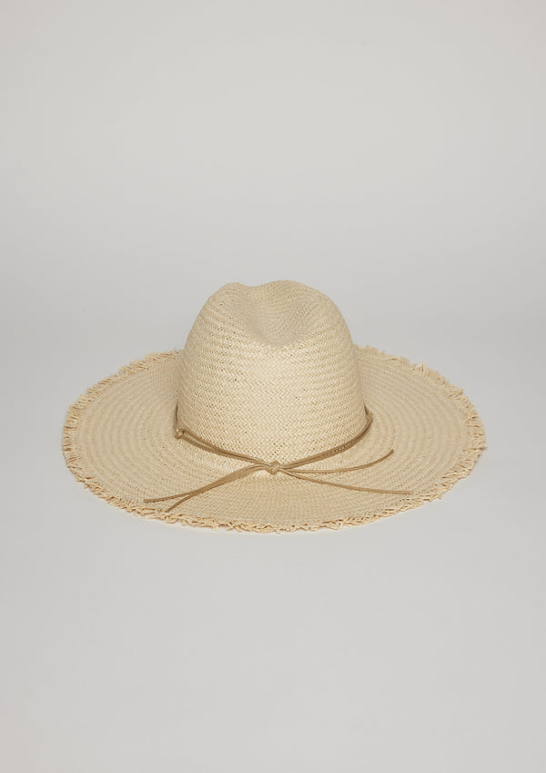Back of fringed sun hat with trim