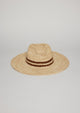 Front view of sun hat with doouble brown stripe detail