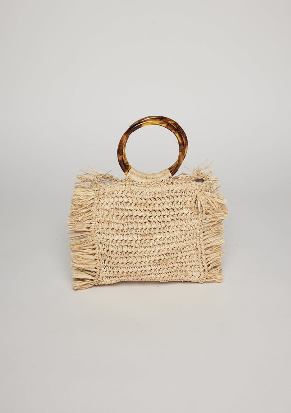 Straw bag with fringed detail and round tortoise handles 