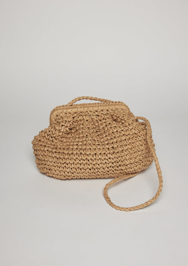 Brown straw slouchy clutch with crossbody strap