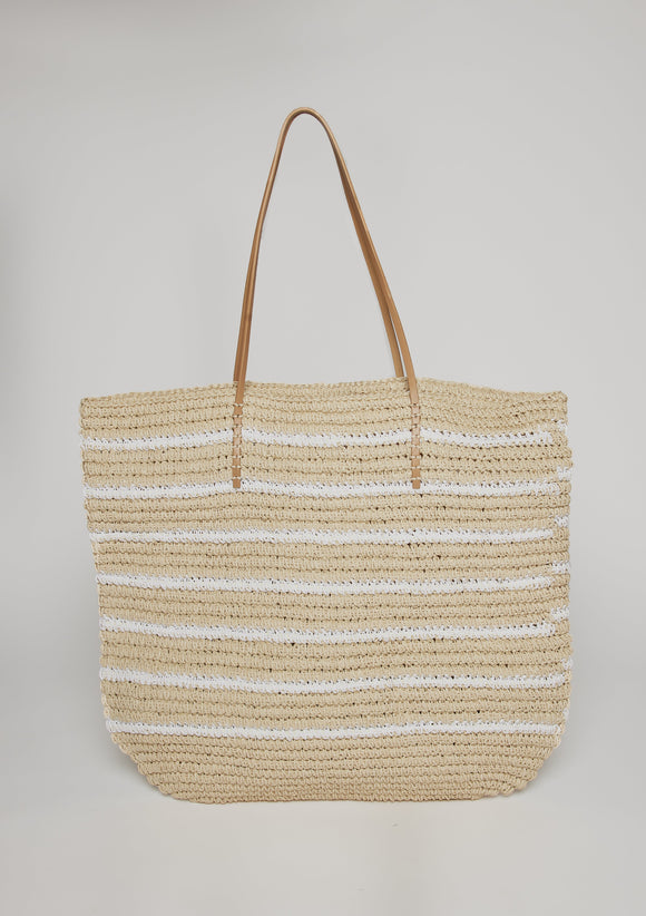 Straw tote with white stripes and leather handles