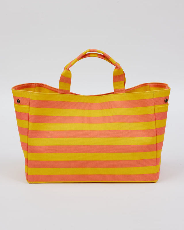 coral and yellow striped tote bag