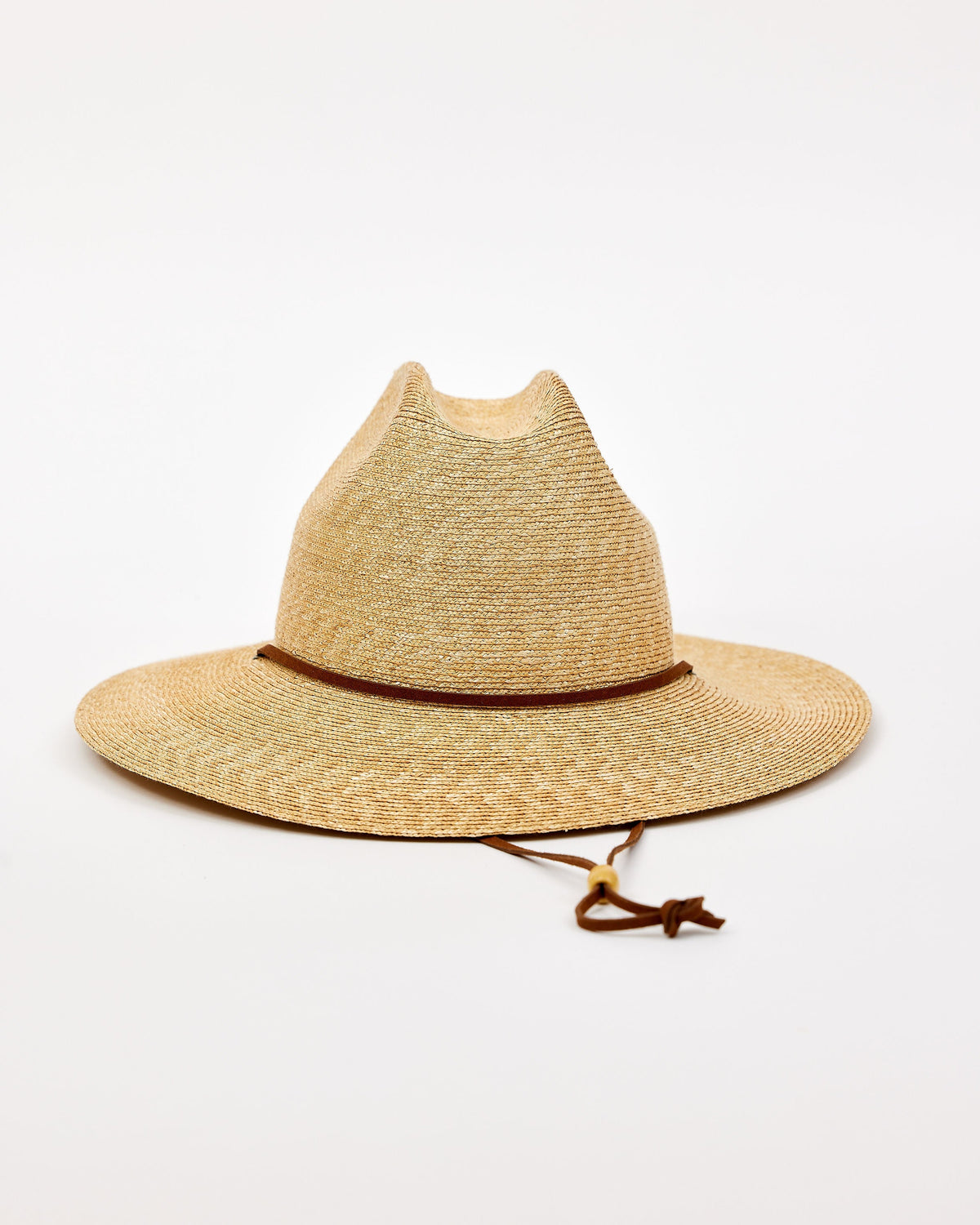 Beige straw hat with a brown band and chinstrap on a white background