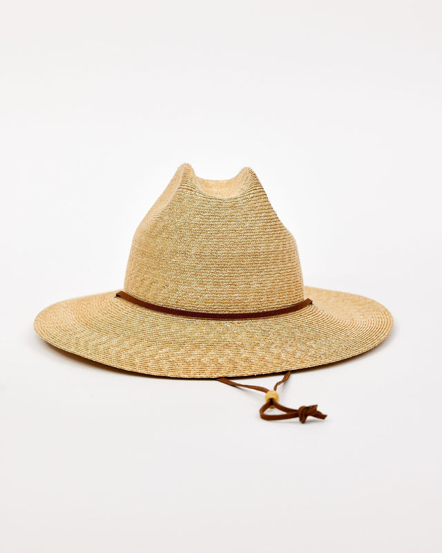 Beige straw hat with a brown band and chinstrap on a white background
