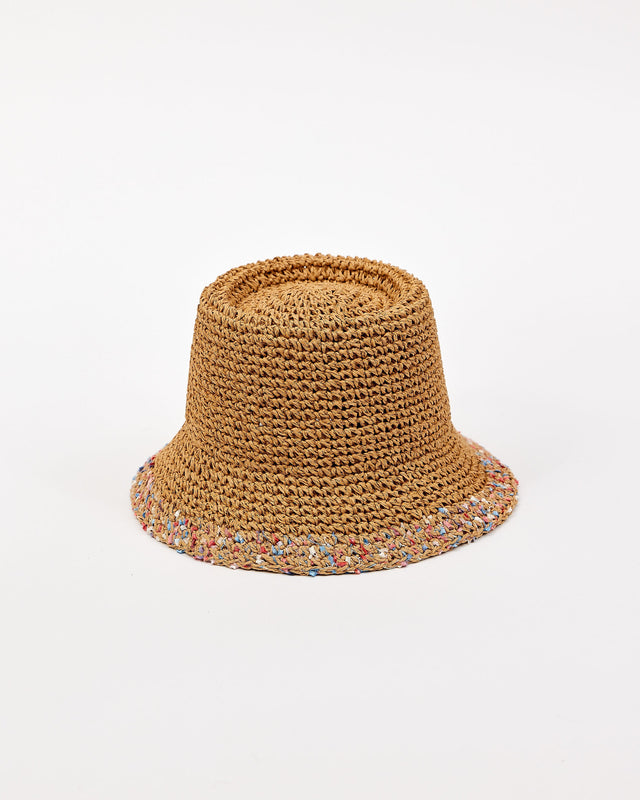 Brown woven bucket hat with colorful trim on a white background