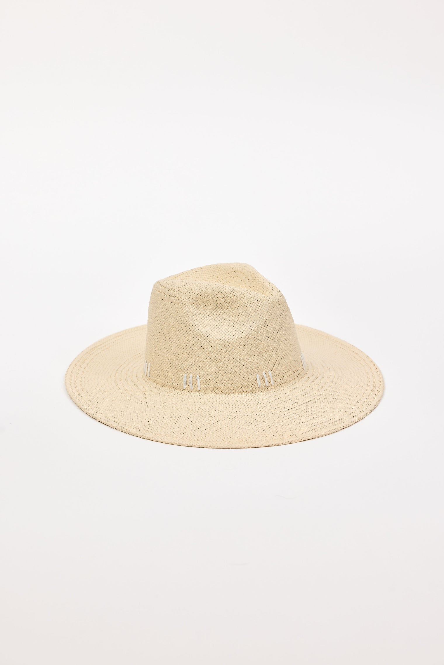 Straw sunhat with a white stitch detail on a light gray background