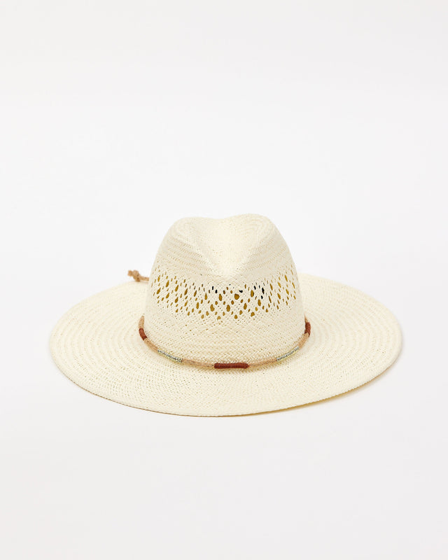Beige straw hat with a wide brim on a white background
