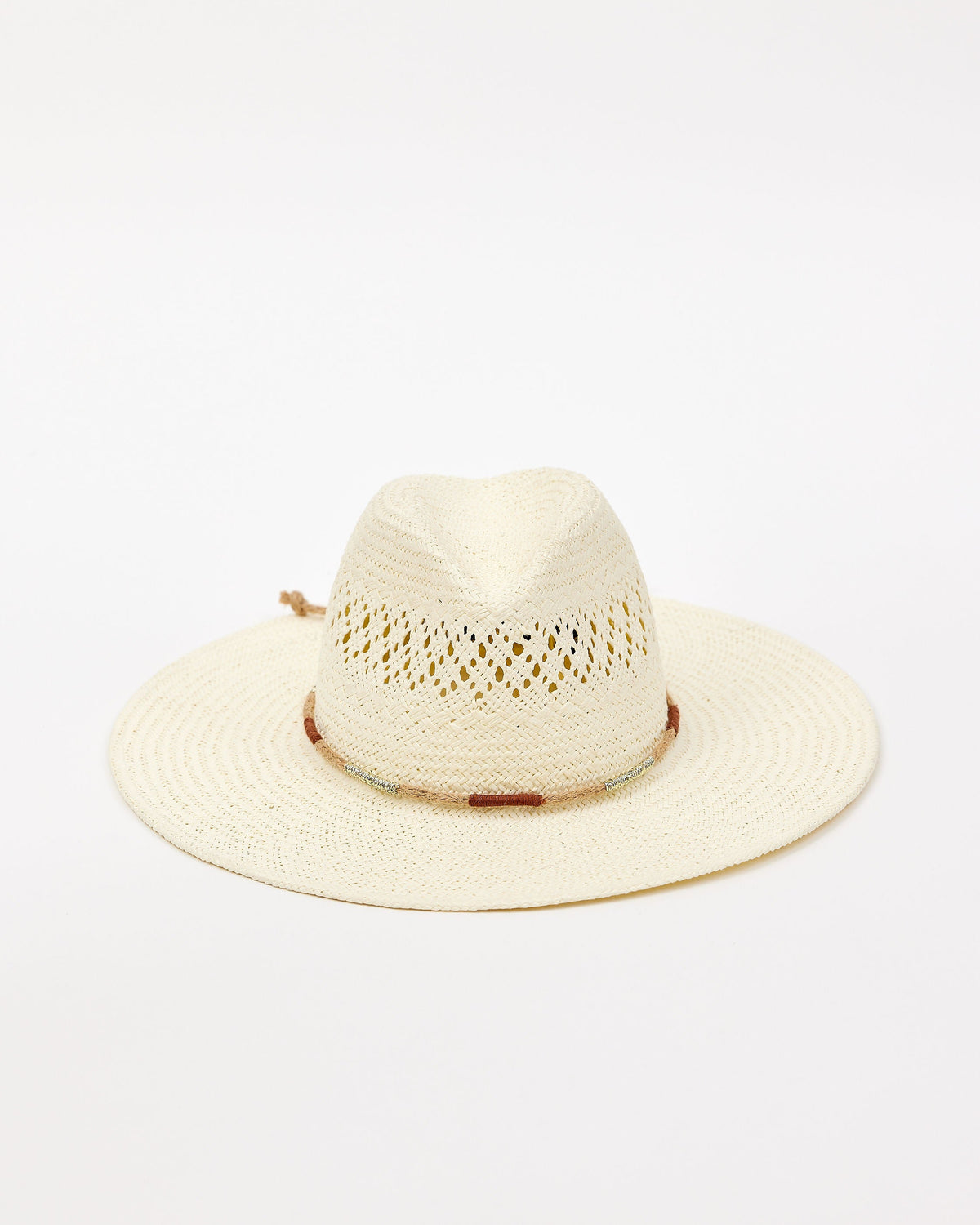 Beige straw hat with a wide brim on a white background