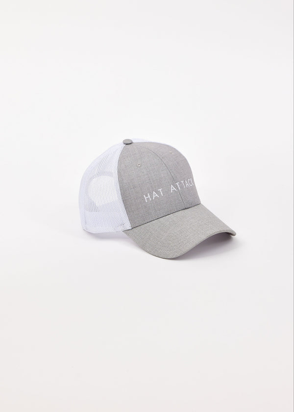 3/4 angle of white and grey logo cap