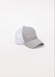 3/4 angle of white and grey logo cap