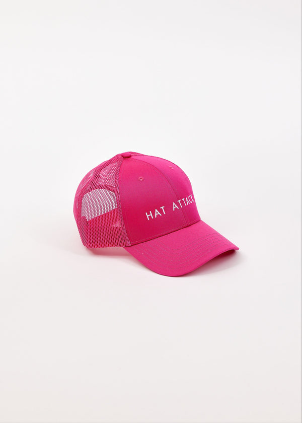 3/4 angle of hot pink logo cap