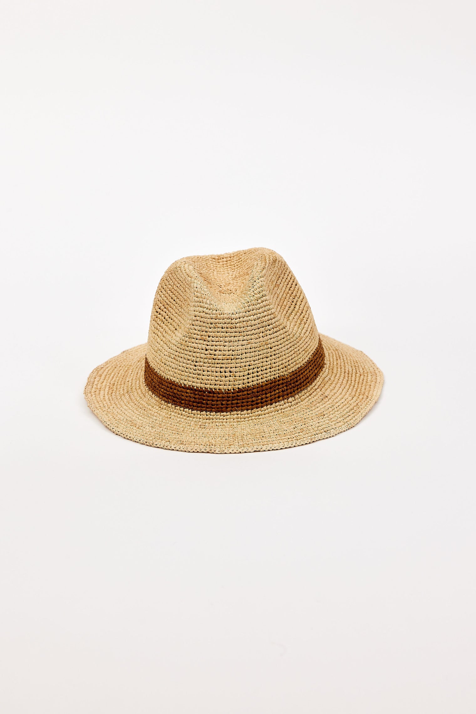 Straw hat with a brown band on a white background