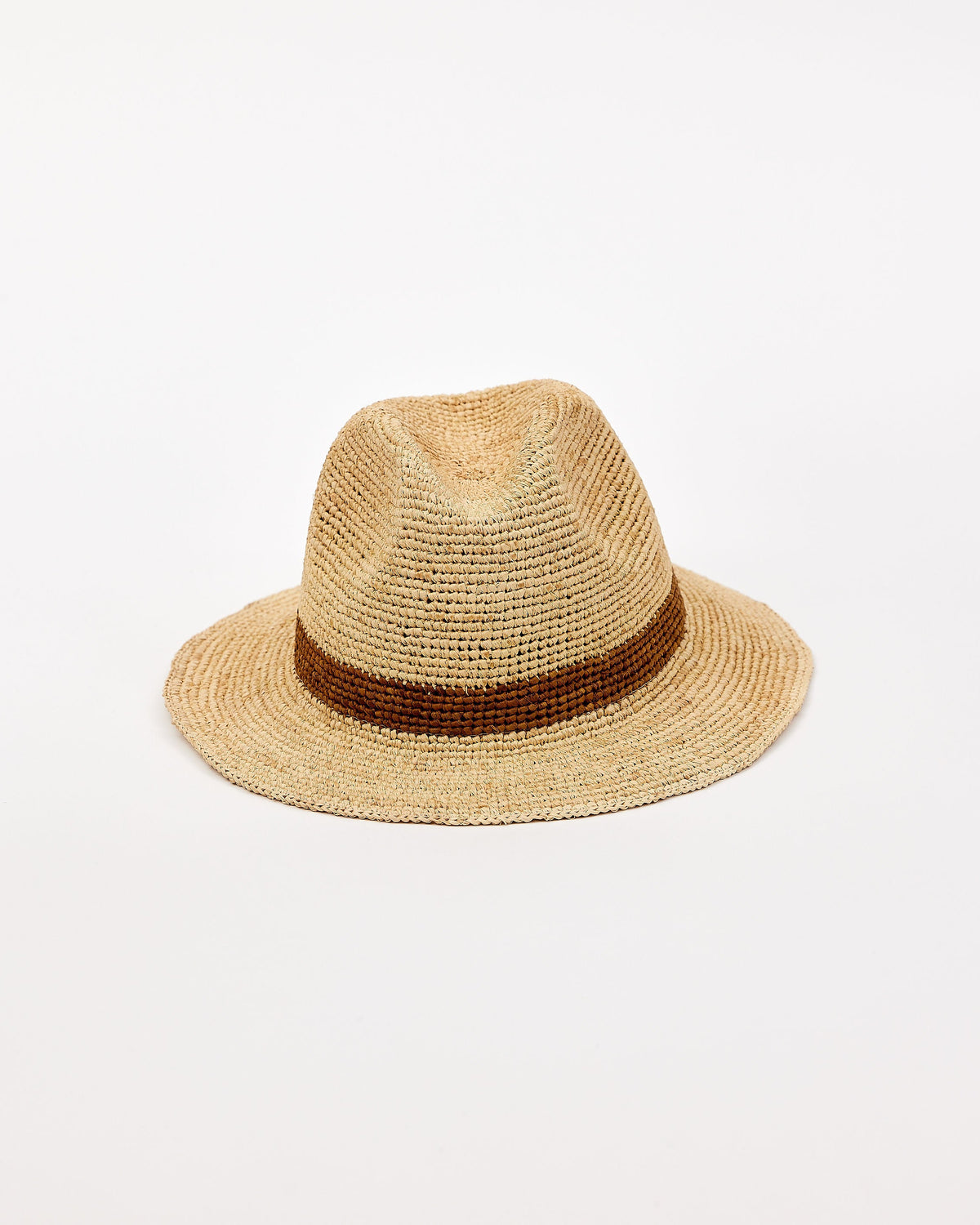 Straw hat with a brown band on a white background