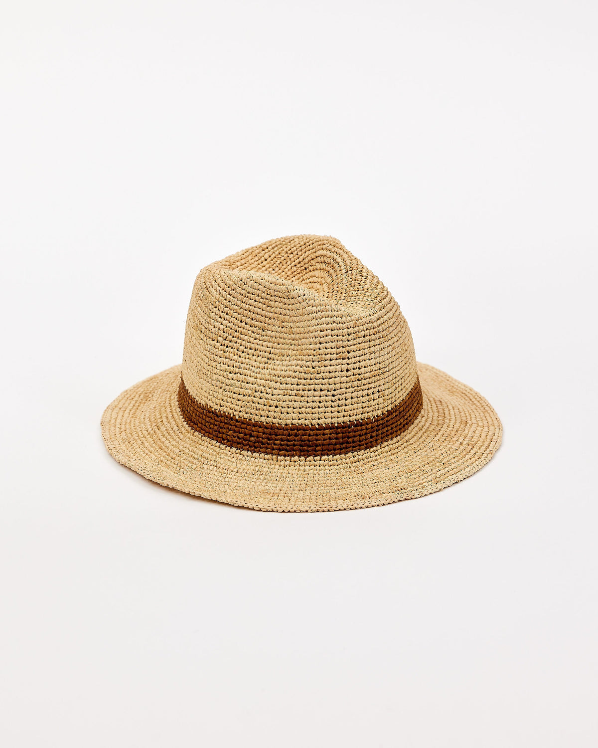 Beige straw hat with a brown band on a white background