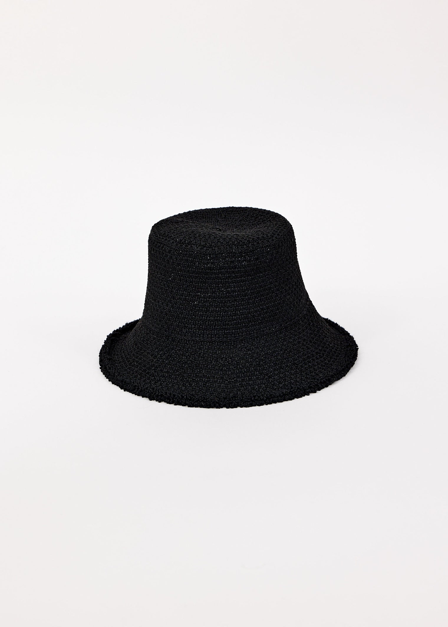 Black woven bucket hat on a white background