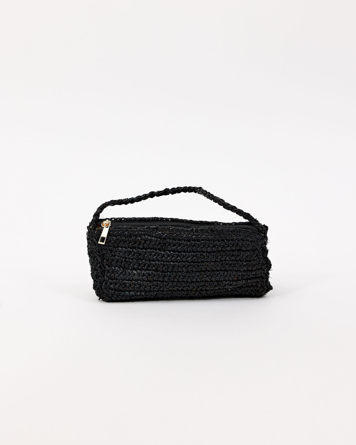 Black woven handbag on a white background