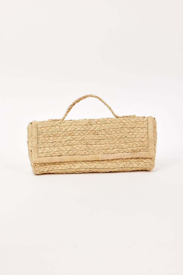 Beige woven bag on a white background