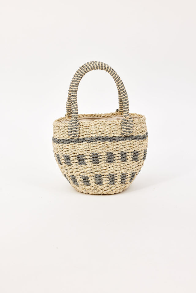 Woven tan and silver bag with handles on a white background