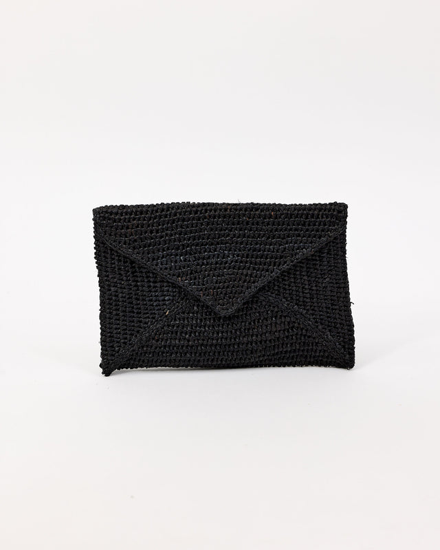 Black woven envelope clutch on a white background