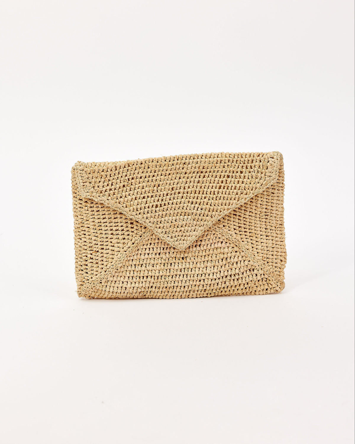Woven envelope clutch bag on a white background