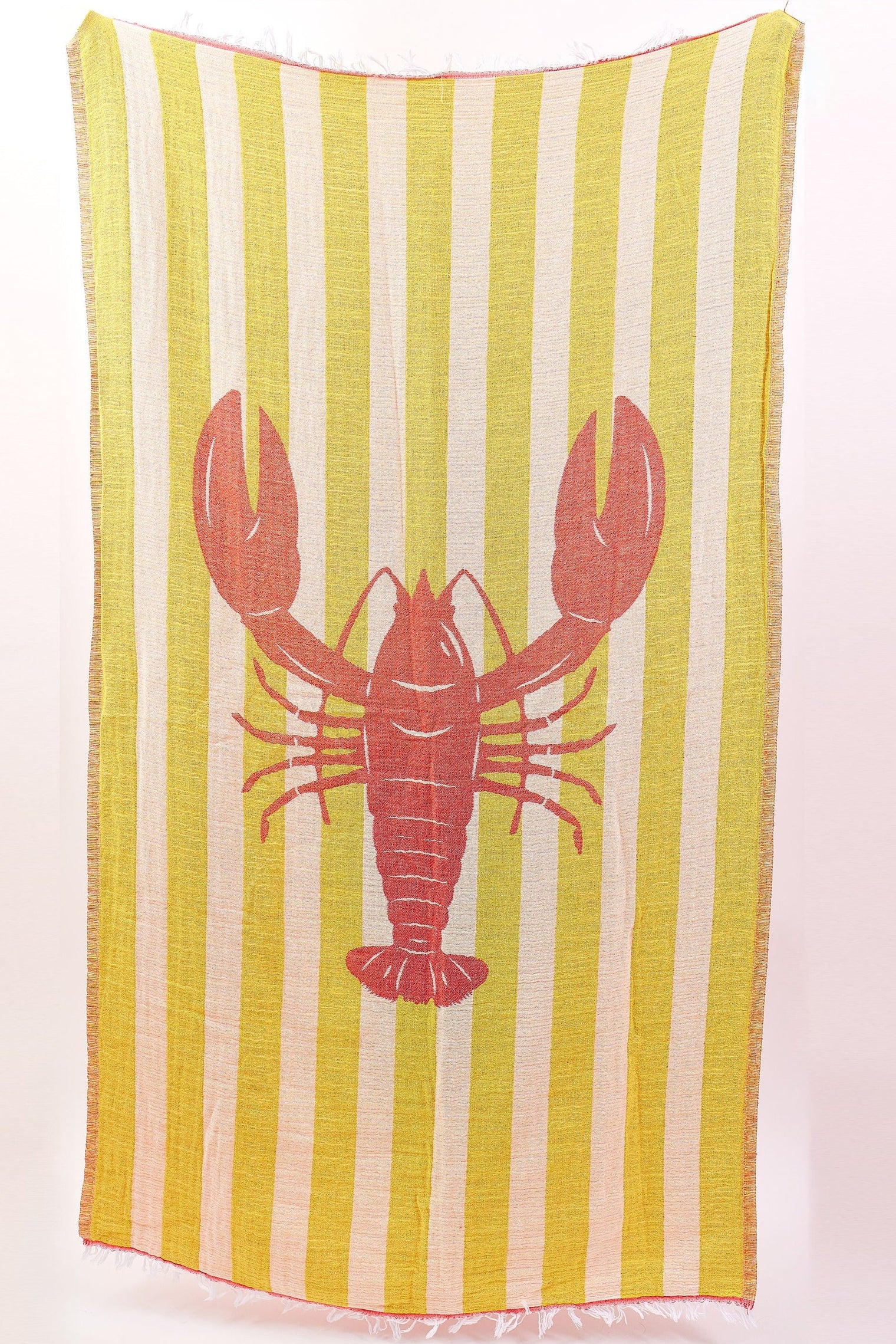 Striped towel with a red lobster design on a white background