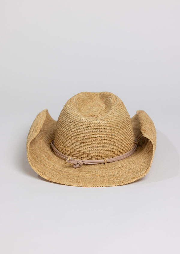 Back of raffia straw cowboy hat with tan wrap detail