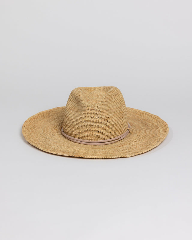 Raffia straw continental hat with tan wrap detail