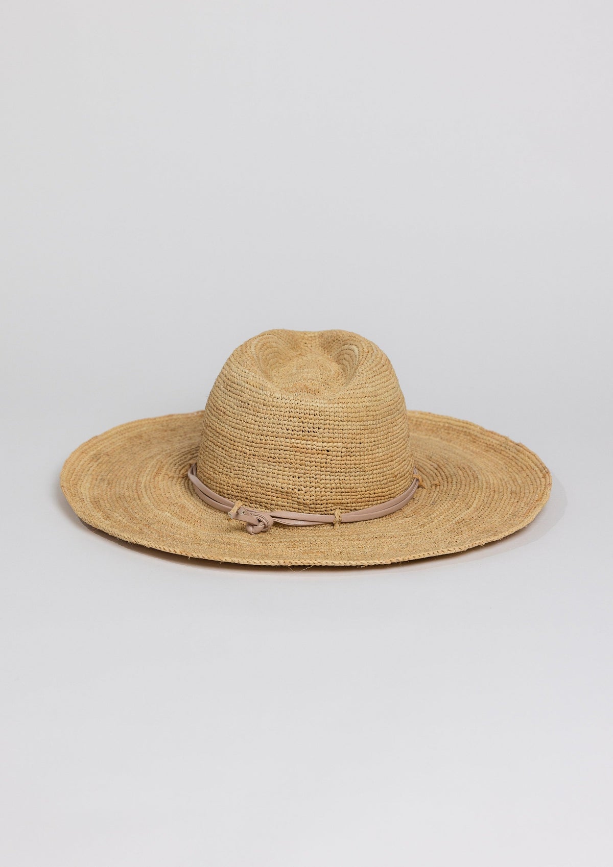 Back of raffia straw continental sunhat with tan wrap detail