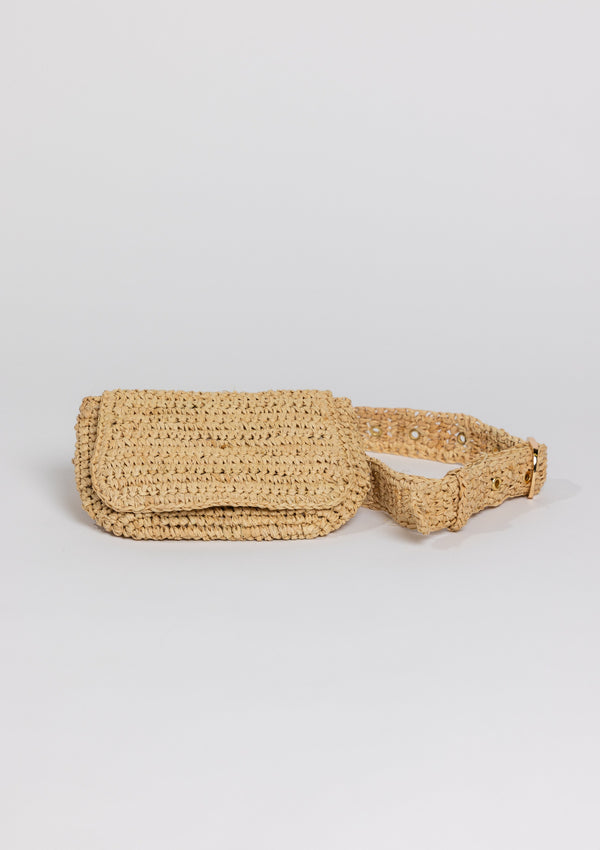 Raffia straw belt bag with gold hardware closure
