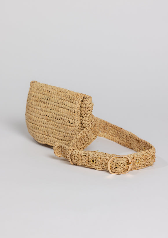 Raffia Straw belt bag with gold buckle hardware