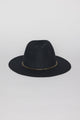 Front angle of black wool felt hat with gold chain trim