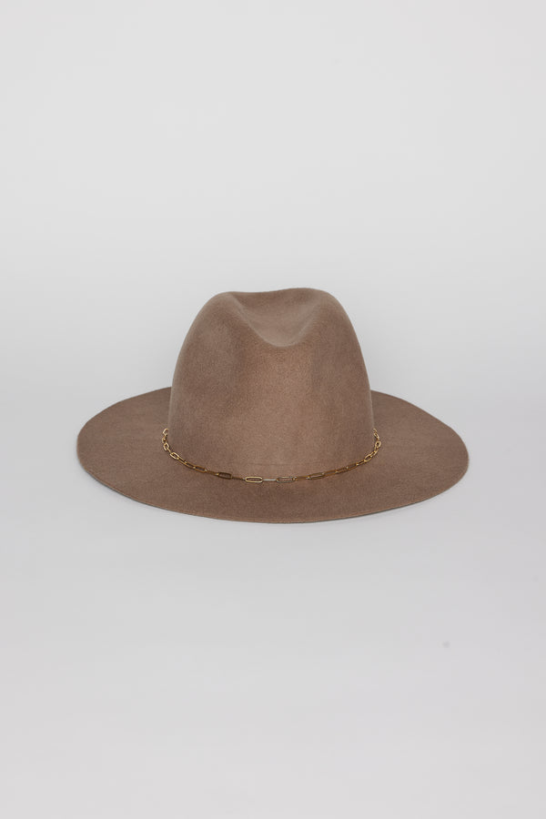 Front angle of taupe wool felt hat with gold chain trim