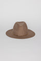 Front angle of taupe wool felt hat with gold chain trim