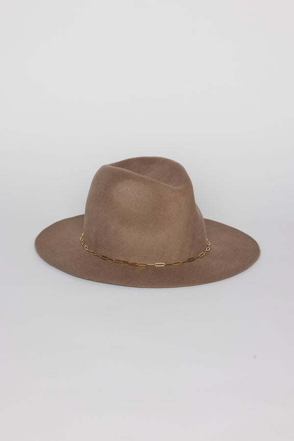 Taupe wool felt hat with gold chain trim