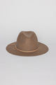 Front angle of taupe wool felt hat with tan sueded trim